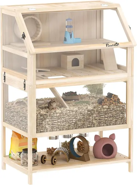 PawHut Hamsterkäfig aus Holz 3 Etagen Laufrad 80