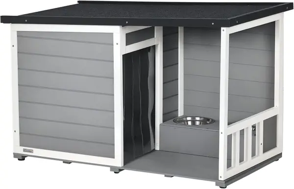 Hundehütte aus Holz, Hundehaus mit 2 Schüsseln, Terrasse…